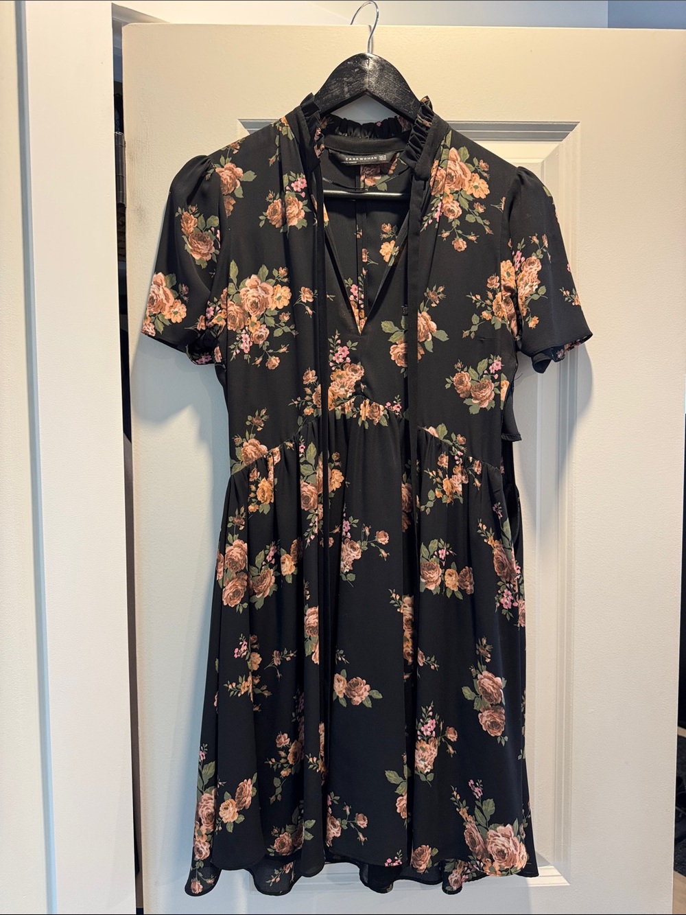 Zara Black Mini Dress with Pink Rose Floral